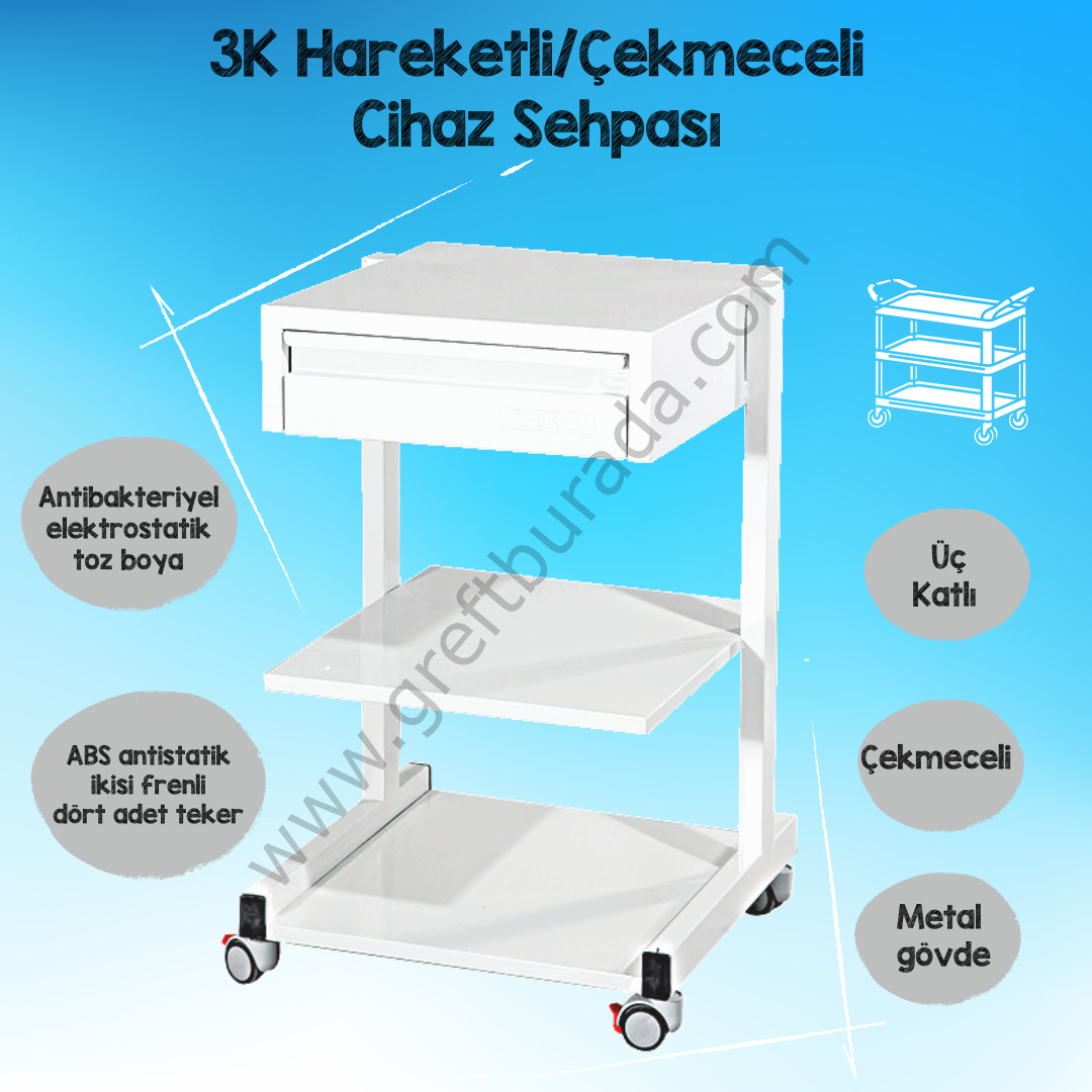 3 Katlı Çekmeceli Hareketli Fizyo Dispenser Sehpası/Cihaz Arabası