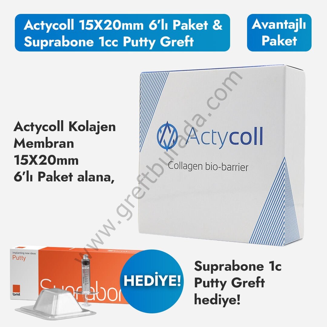 Actycoll Kolajen Membran 15X20mm 6lı Paket Suprabone Putty 1cc Greft Hediyeli