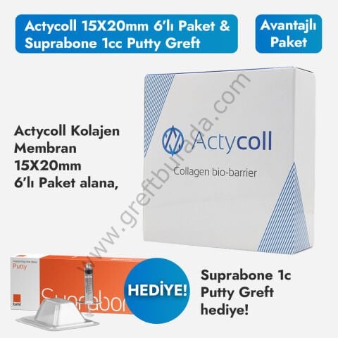 Actycoll Kolajen Membran 15X20mm 6lı Paket Suprabone Putty 1cc Greft Hediyeli