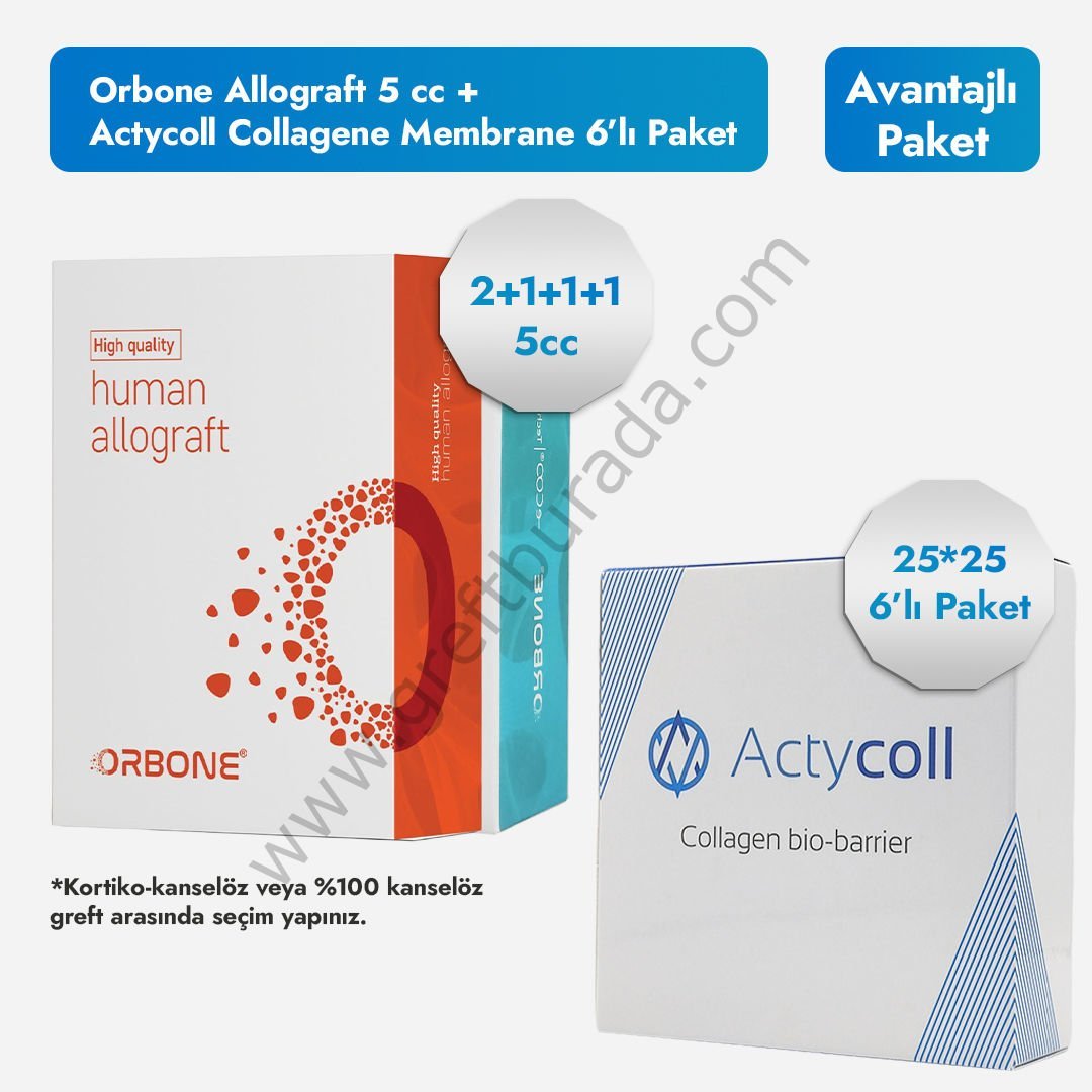 Orbone Allograft 5cc + Actycoll Collagene Membran 6'lı Paket (25*25)