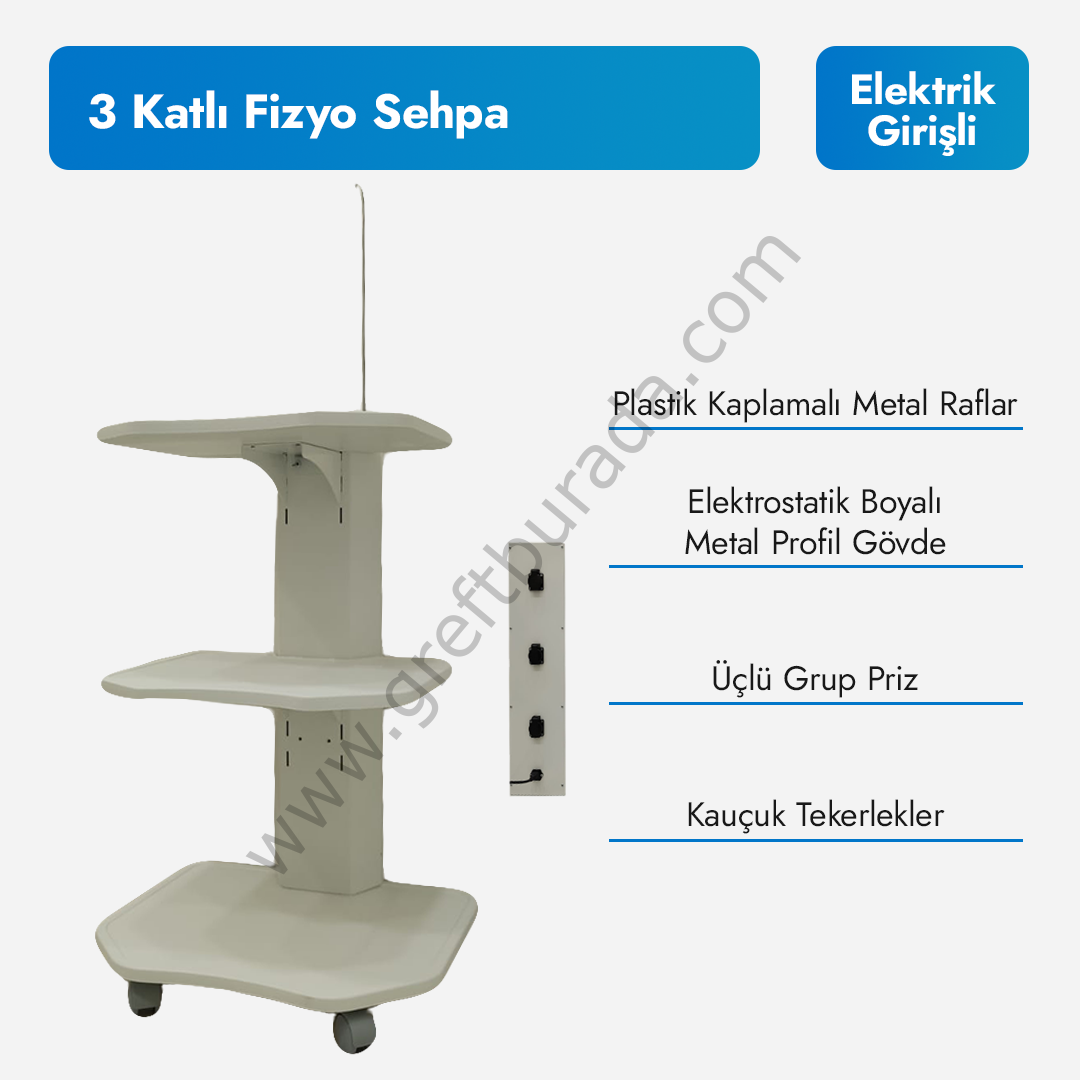 3 Katlı Hareketli Elektrik Girişli Fizyo Dispenser Sehpası