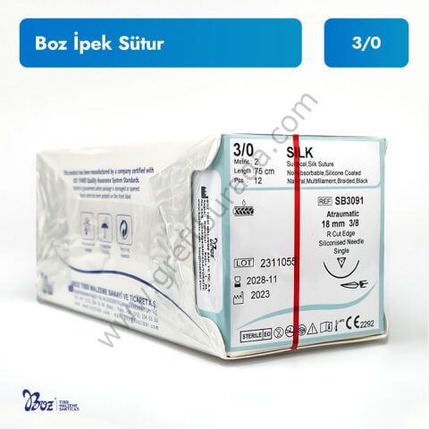 Boz İpek Sütur 3/0 | 18 mm 3/8 Aşağı Keskin İğneli