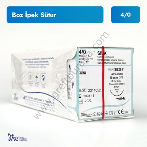 Boz İpek Sütur 4/0 | 19 mm 3/8 Aşağı Keskin İğneli