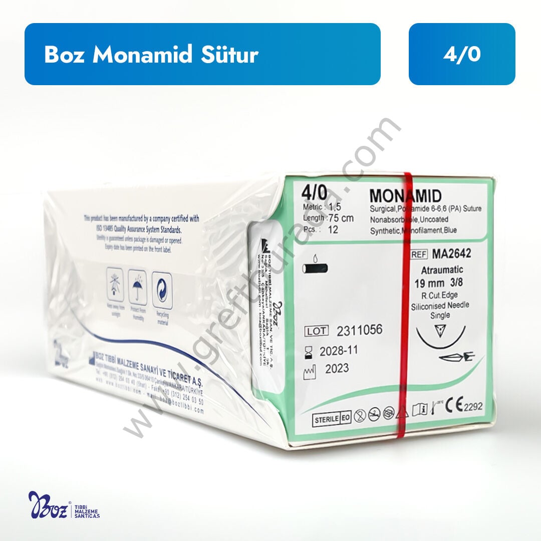 Boz Monamid Sütur 4/0 | Nylon Mono 19 mm 3/8 Aşağı Keskin