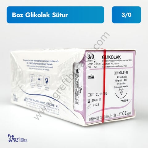 Boz Glikolak Sütur 3/0 | Emilebilir PGLA 19 mm 3/8 Aşağı Keskin