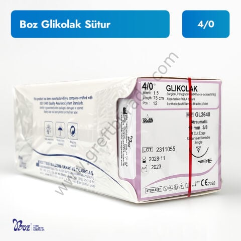 Boz Glikolak Sütur 4/0 | Emilebilir PGLA 19 mm 3/8 Aşağı Keskin