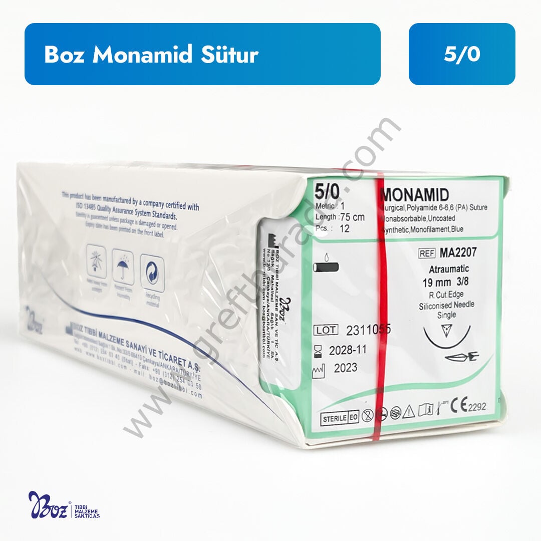 Boz Monamid Sütur 5/0 | Nylon Mono 19 mm 3/8 Aşağı Keskin