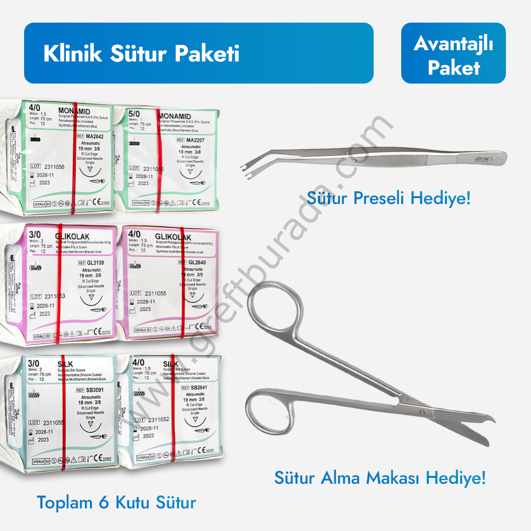 Boz Klinik Sütur Paketi | İpek, Glikolak, Monamid Sütur Seti